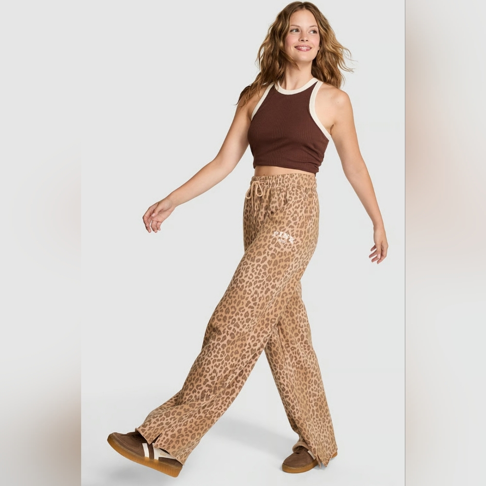 Discontinued Victoria's Secret PINK Leopard Wide Leg Pants NWT Sz LP